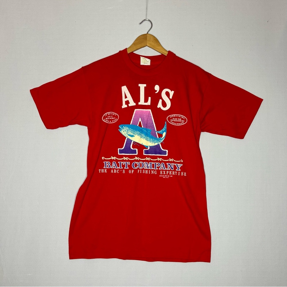 Vintage Red ALS Fishing Bait Company Single Stitch Graphic Fish Tshirt USA Sz L